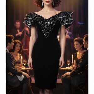 Vintage ILGWU 80's Black Velvet Bodycon Sequin Ruffle Off Shoulder Dress 7/8